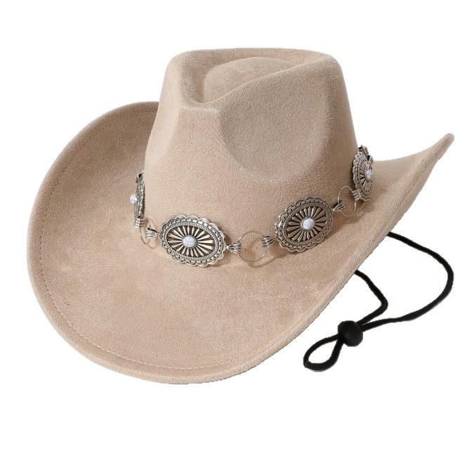 Western cowboy style faux suede hat Vintage metal decorative hollowed-out belt accessory Stage Performance Outdoor Party