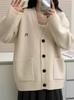 Women's Retro Embroidered V-neck Knit Cardigan - Korean Style Autumn/Winter Casual Loose Fit Sweater