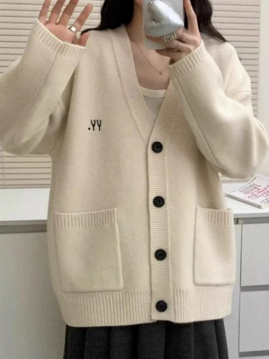 Women's Retro Embroidered V-neck Knit Cardigan - Korean Style Autumn/Winter Casual Loose Fit Sweater