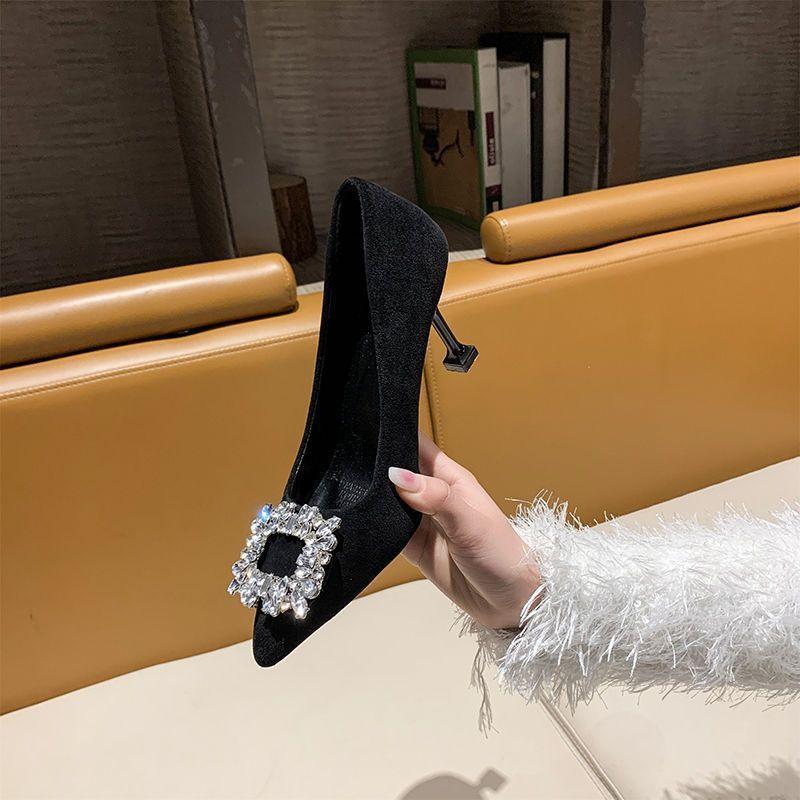 Shallow Mouth Simple Niche Fashion Pointed Design Stiletto High Heels Single Shoes Versatile Square Diamond