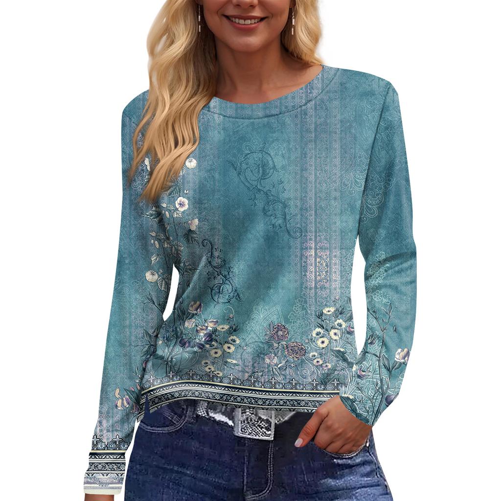 Women's Fashion Casual Slit Hem Round Neck Long Sleeve Loose  Printed T-Shirt Ladies Top