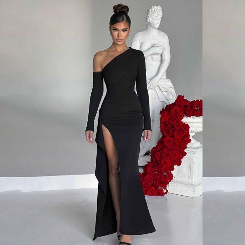 

Fashion Export Spring and Autumn New Sexy Diagonal Collar Cold-Shoulder Elegant Elegant High Slit Dress Long Dress Evening Dress Black L