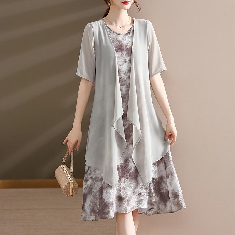 Elegant Chiffon Summer Dress Set for Mature and Elderly Women - Stylish Two-Piece Skirt Ensemble