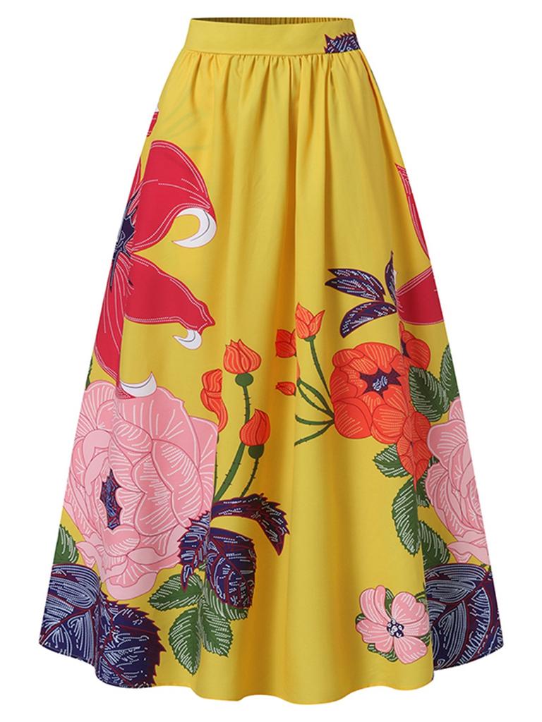 Women's Fashion Floral Print Loose Half Skirt High Waist Beach Extra Long Dress