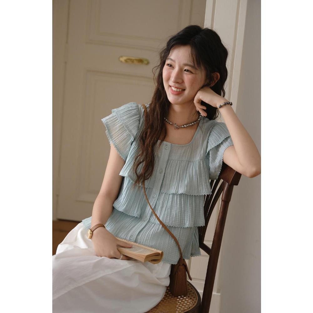 MISHOW Butterfly Sleeve Chiffon Shirt Women's 2025 Summer New Women's Clothing Retro Square Neck Button Casual Shirt MXD30X1488