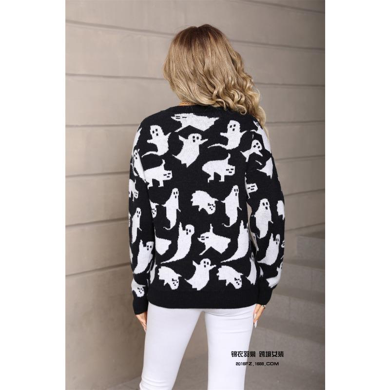 Women Pullover Halloween Sweaters Ghost Print Jumpers Long Sleeves O Neck Loose Slight Strech Casual Office Lady 2025 Autumn