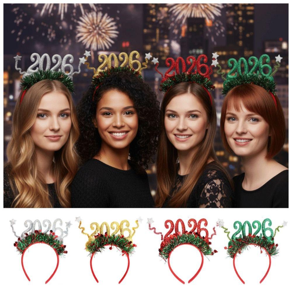 Cute 2026 Happy New Year Headband Sweet Glitter Hair Hoop Star Strip Headwear  Christmas Supplies