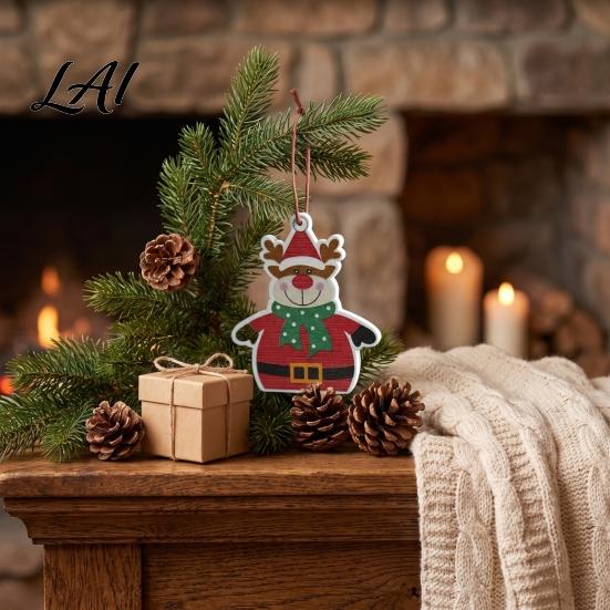 Classic Red White Decorations Christmas Tree Wooden Pendant Vintage Cartoon Ornament with Lanyards Heart Star Shaped Pendants Lightweight