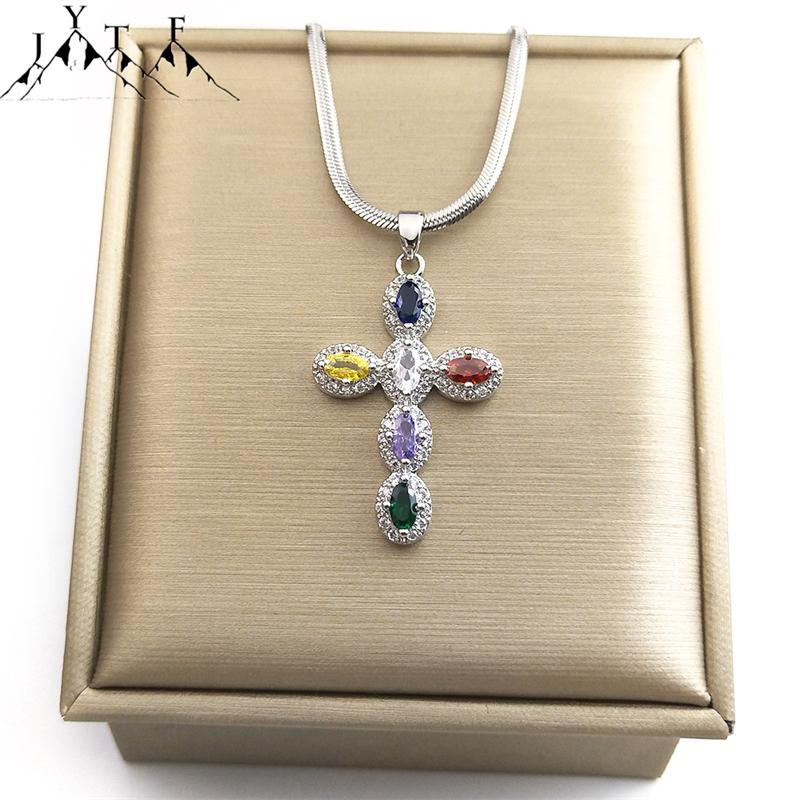 Multi Color Crystal Zircon Cross Necklace for Women Stainless Steel Silver Color Charm Religious Necklaces Jewelry GiftHH42-5