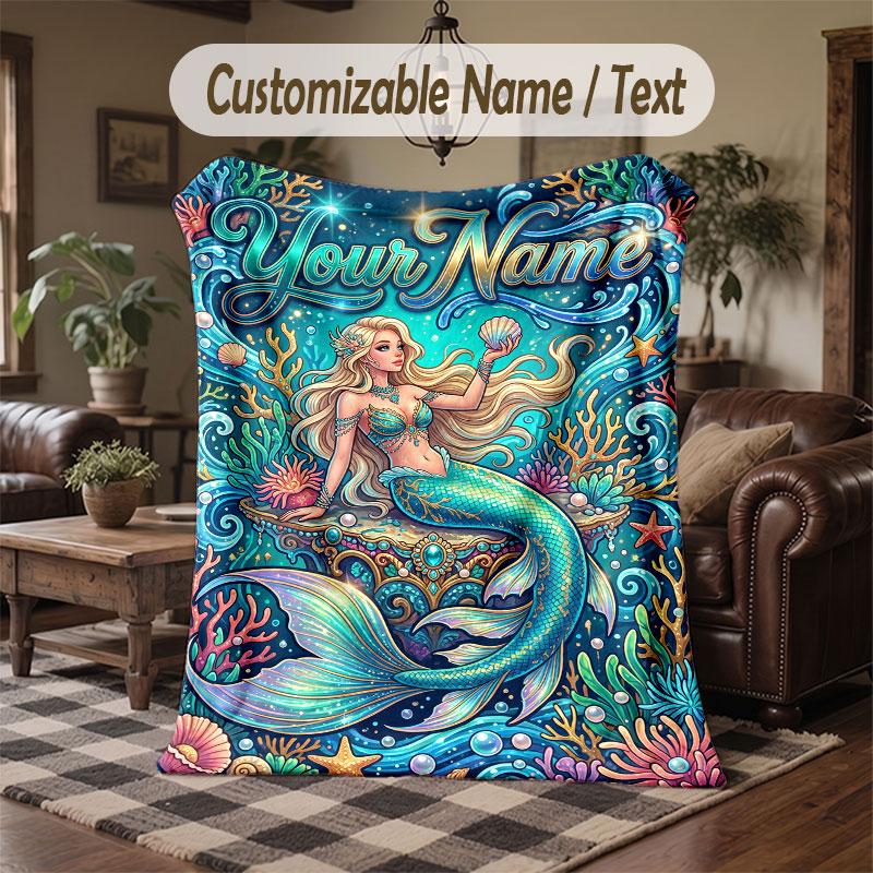 Mermaid Theme Throw Blanket Custom Name Text Personalized Blanket Soft Cozy Blanket for Home Sofa Bed