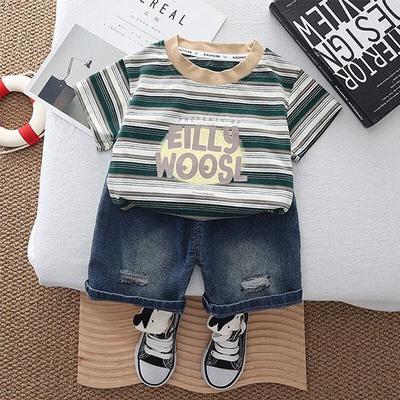 Boys' 2-Piece Cotton Set - Striped Letter Printed Short Sleeved T-shirt + Denim Shorts High - Quality Casual Outfit-6M-5Y