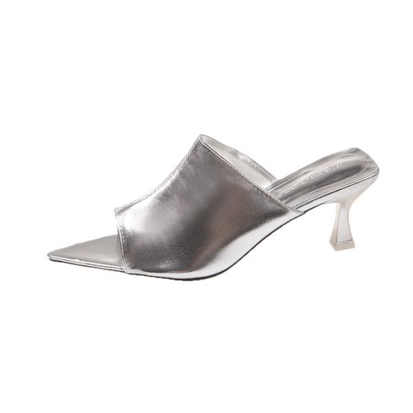 Female Shoes Gold Sandals Slippers Heels Pointed Toe Slides Low 2025 High Thin Rome PU Rubber Fabric Hoof Shoes Woman 2025