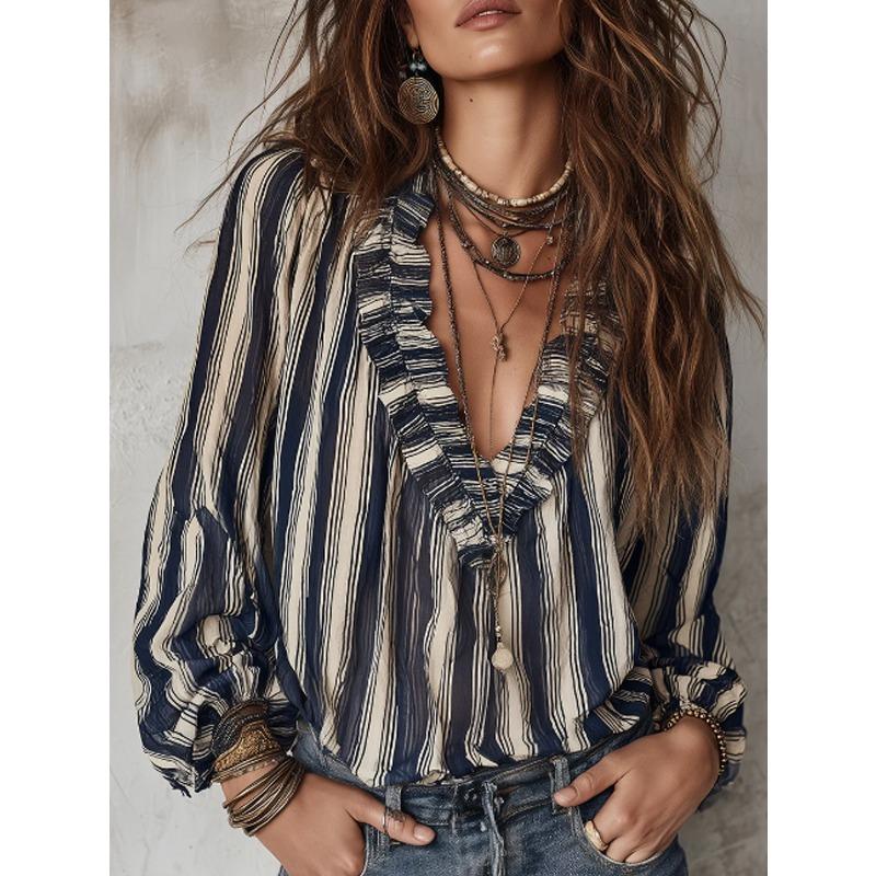 TIFICY Blusas e camisas femininas casuais primavera outono com estampa listrada e manga comprida e decote em V
