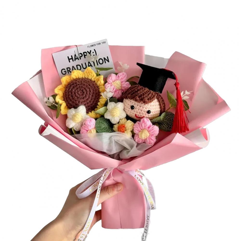 Woven Flower Bouquet Handmade Crochet Graduation Bouquet with Doll Artificial Sunflower Puff Flowers 2026 Grad Party Gifts