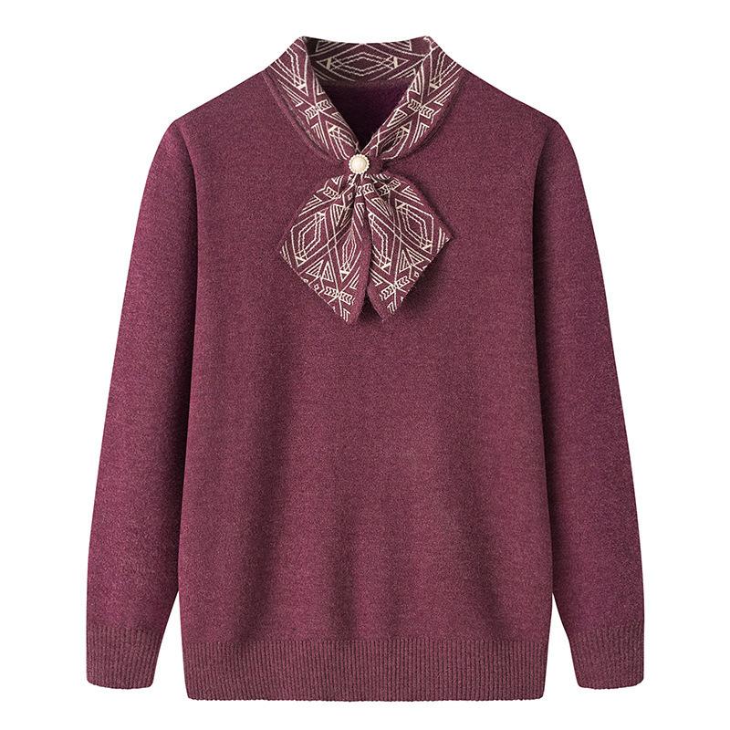 Middle-aged and Elderly Women's Autumn and Winter Clothes Knitted Bottoming Shirt Half-high Collar Plus Velvet Thickened Mother Pullover Sweater Top