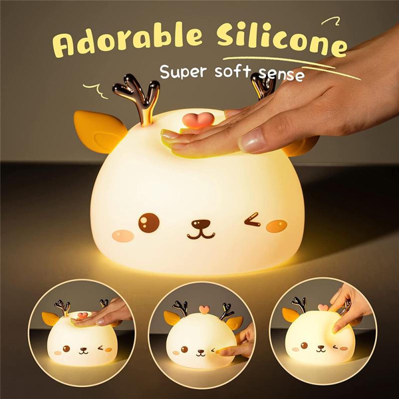 Senzor tactil USB din silicon. Lumină de noapte cu LED drăguț în formă de cerb, 7 culori, luminozitate, cameră reglabilă