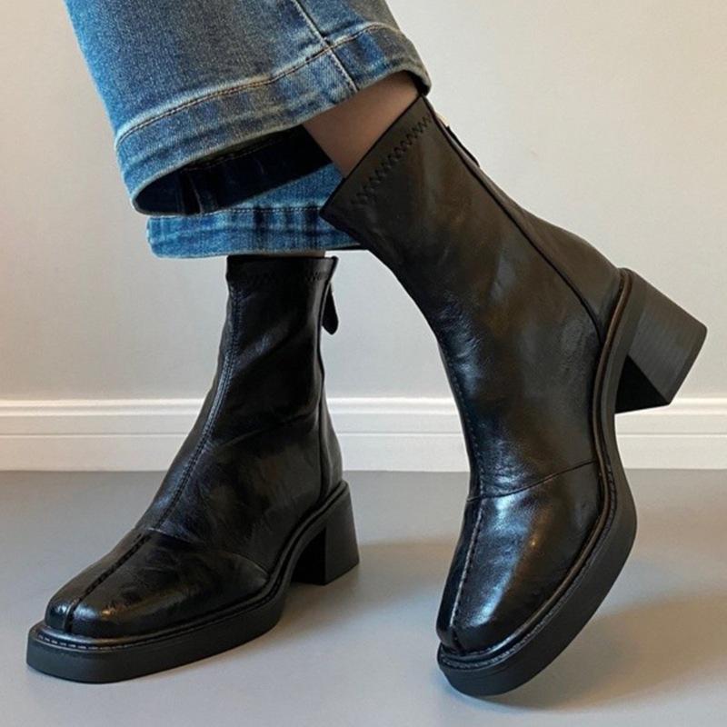 Leather retro high-heeled short boots women`s