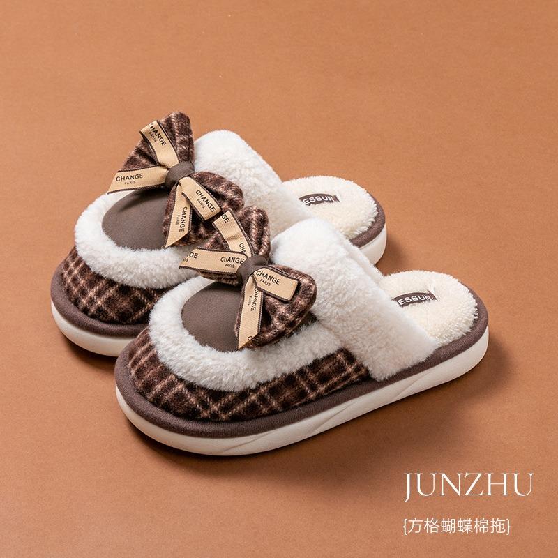 New winter warm women's bow cotton slippers warm and non-slip indoor home thick-bottomed fluffy slippers