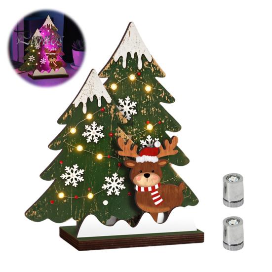 Exquisite Wood Craft Wooden Christmas Tree Table Decor with LED Light, Rustic Standing Sign Party Supplies Reindeer Santa Claus for Holiday