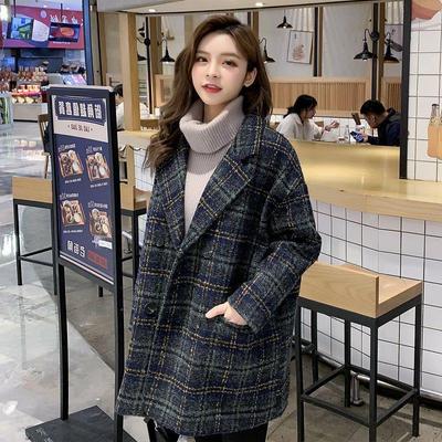 Turn-down Collar Woolen  Vintage Loose Casual  Fashion Autumn  Women Fashion Plaid Overcoat Double Breasted Plus Size
