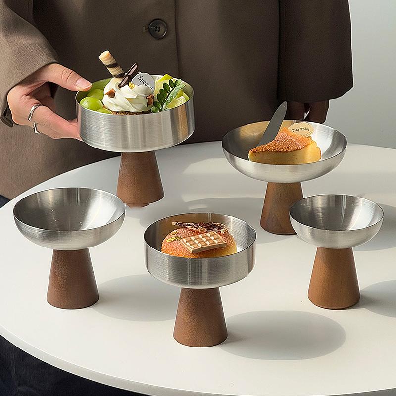 Stainless Steel Wooden Foot Dessert Goblet Fruit Bowl Restaurant Cake Ice Cream Dessert Bowl Ornament