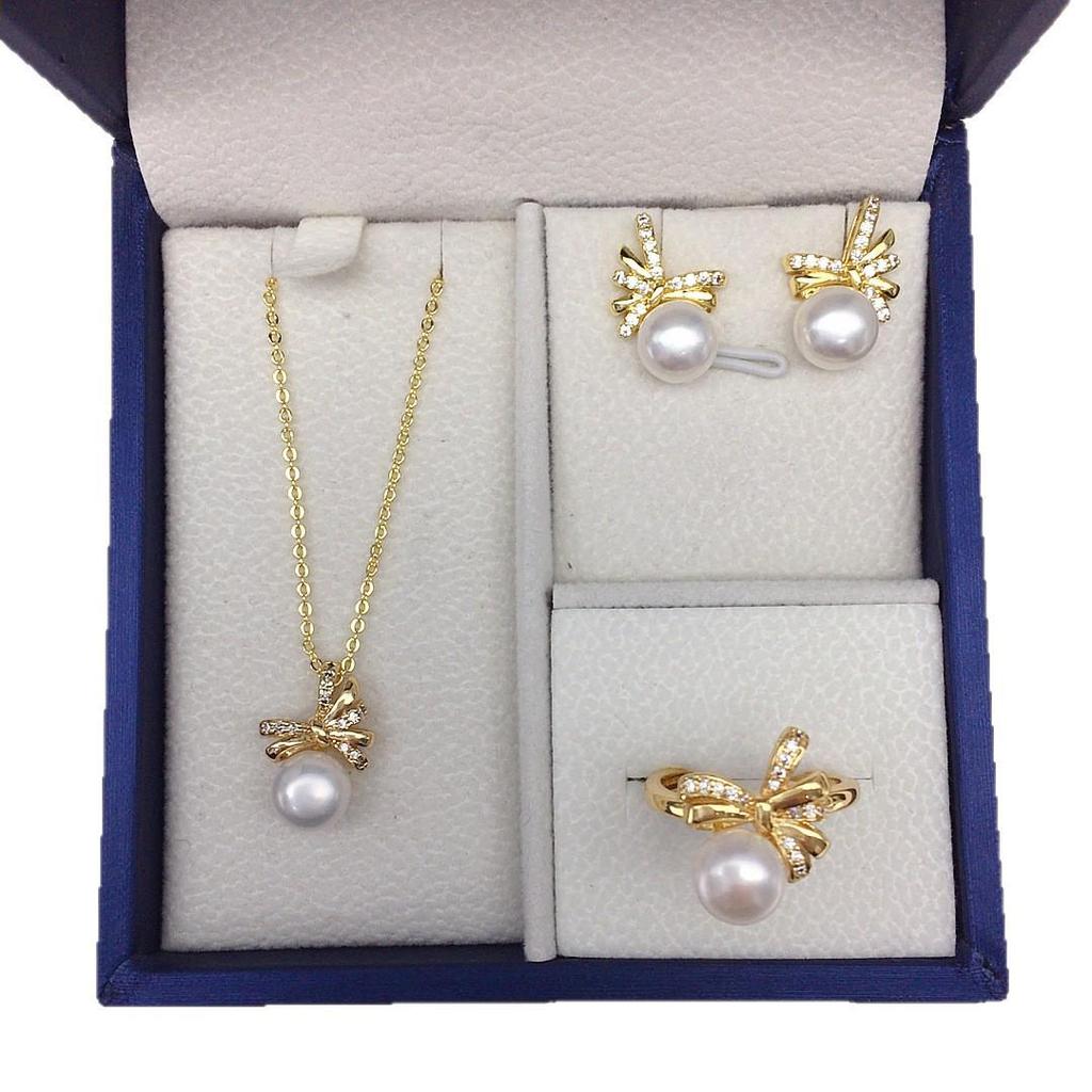 Pearl Set: Freshwater Pearl Pendant, Bow Stud Earrings, and Ring for Women