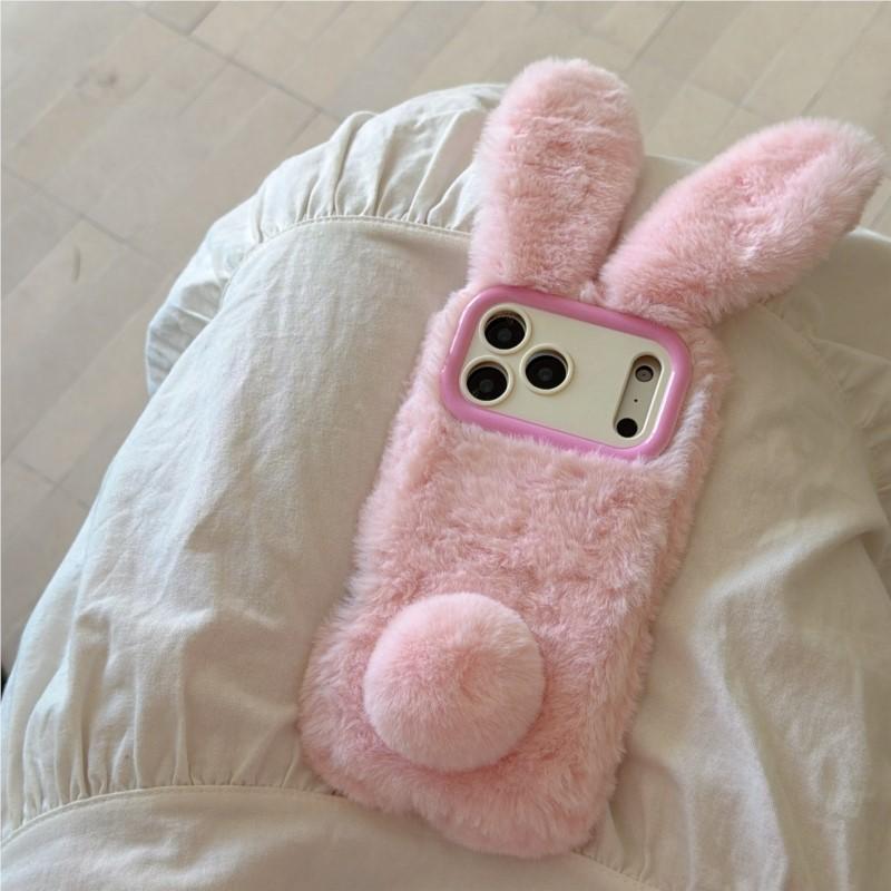 3D Rabbit Ears Warm Furry Plush Bunny Phone Case With Lanyard For Galaxy S25 Ultra 23 24 Ultra A14 15 35 54 56 A16 05S 36 Cover