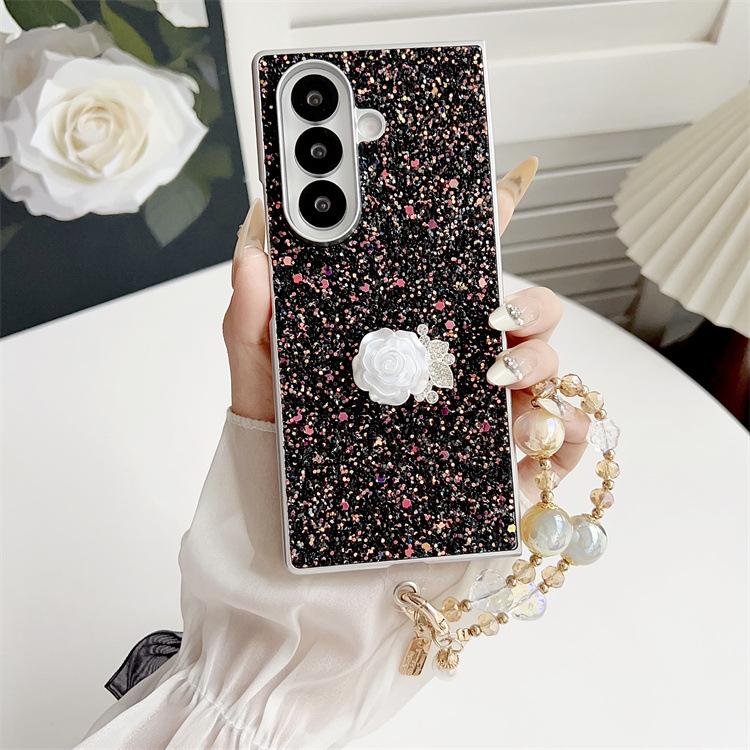 Applicable To Samsung ZFold7 Folding Glitter Mobile Phone Case, Rhinestone Rose ZFold6 Hand Hanging Chain, Japanese and Korean Protective Case
