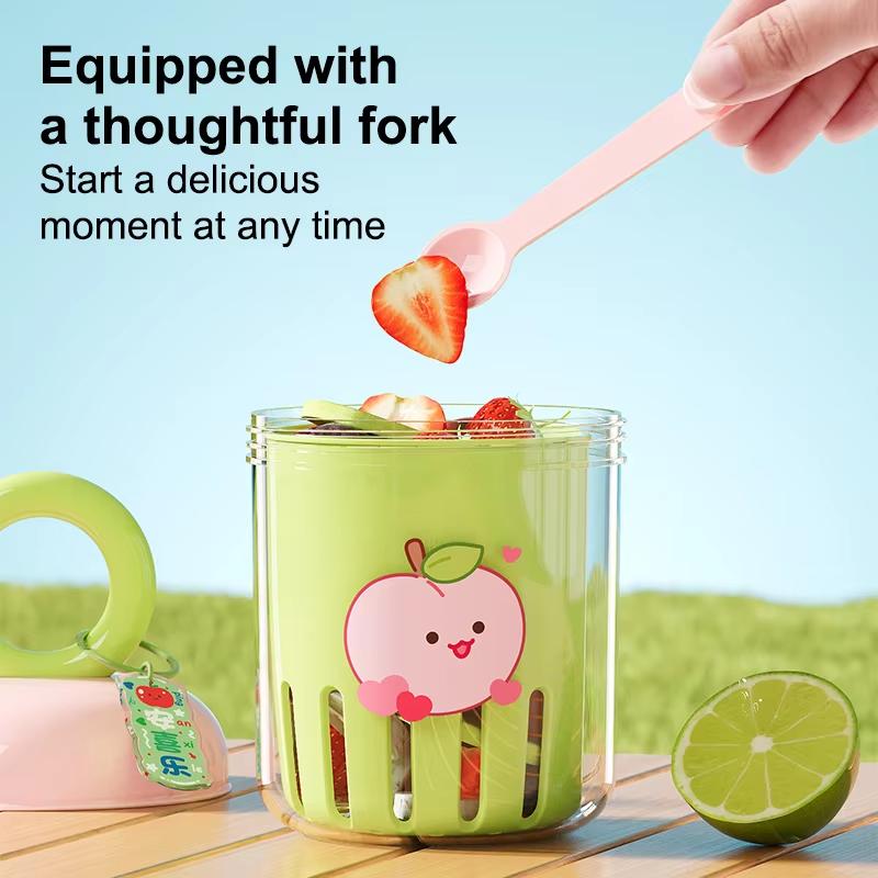 Dopamine Fruit Cup - Outdoor Portable Leak-Proof Yogurt Cup with Fork Double-Layer Food-Grade Plastic Drain Cup for Picnic