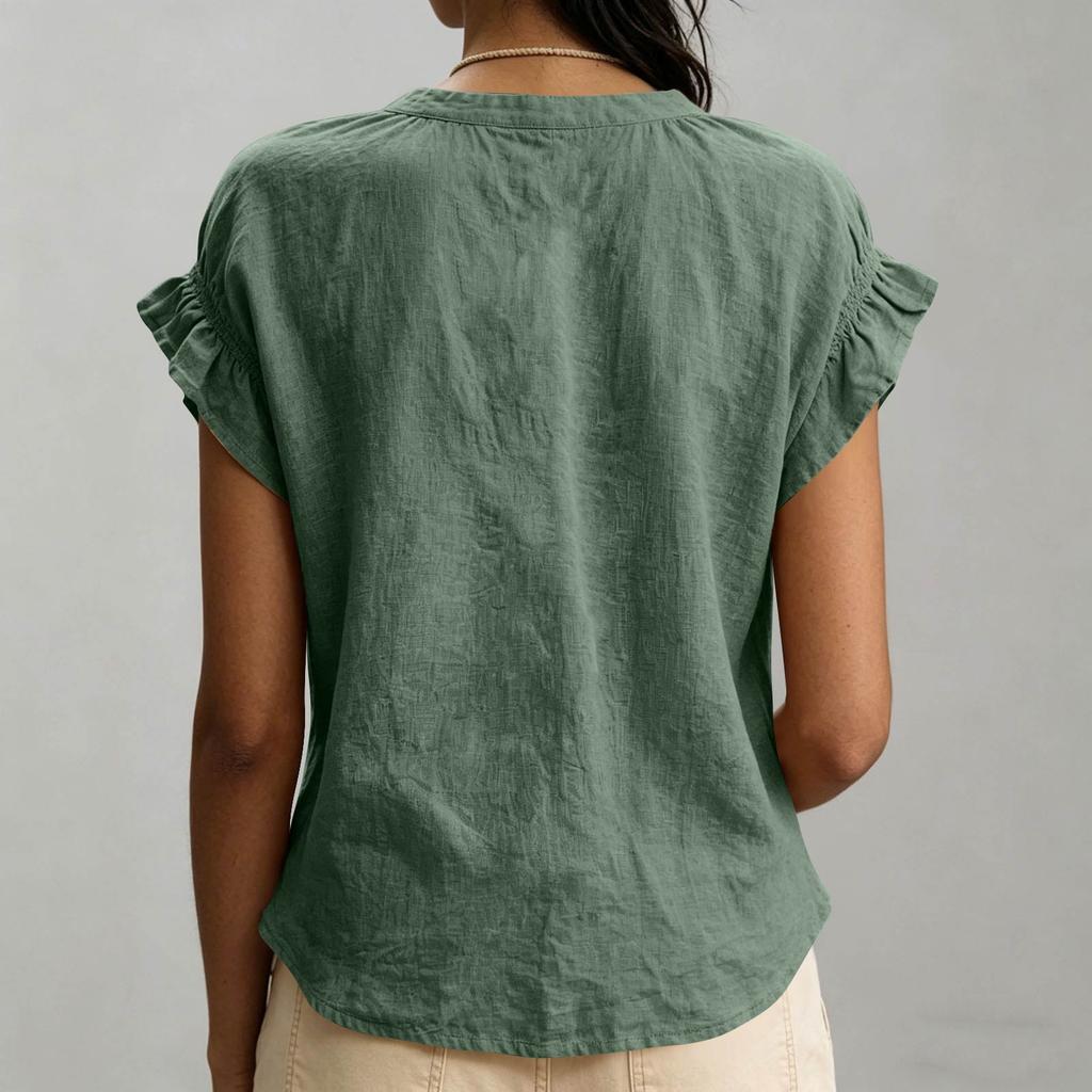 Women's Casual Ruffle Sleeve V-Neck Blouse, Loose Fit Textured Shirt, Cute Summer Sleeve Top