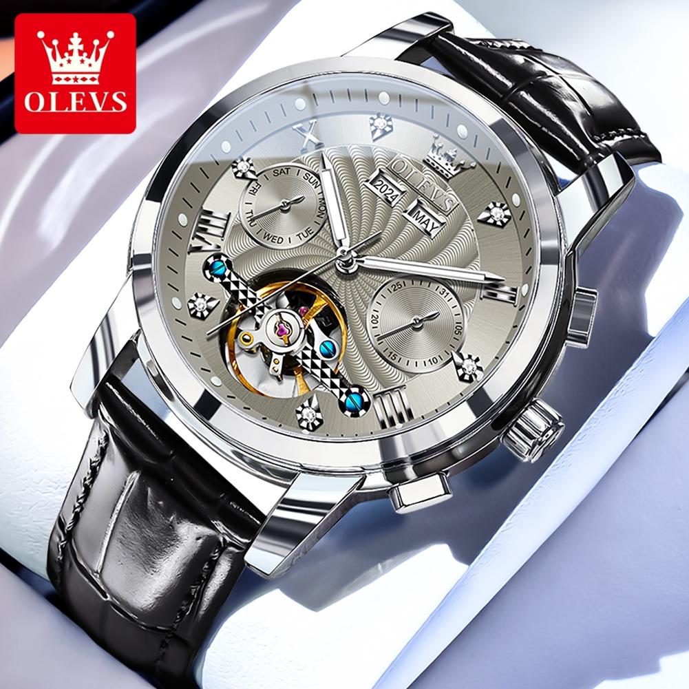 OLEVS Men's Watches Luxury Fashion Fine Steel Original Automatic Mechanical Watch for Man Flywheel Movement Calendar Waterproof