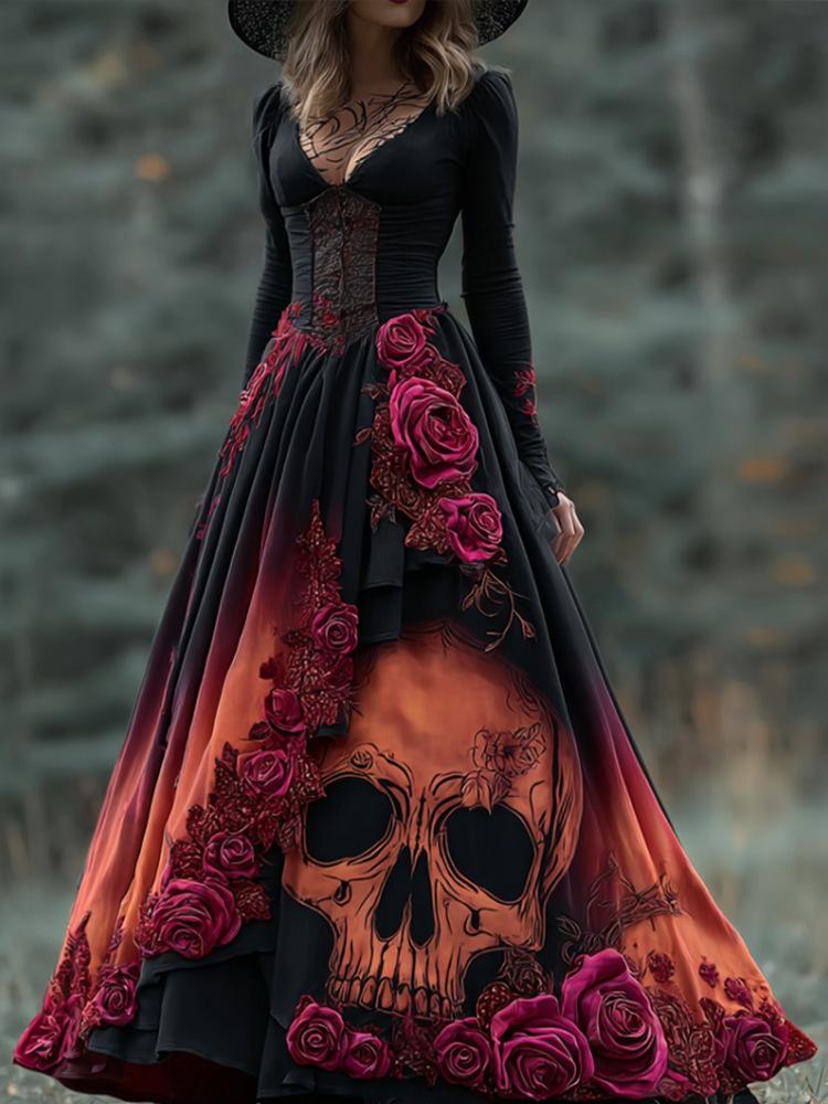 New Women's Autumn Dress Long Sleeve Halloween Dress V-Neck Splicing