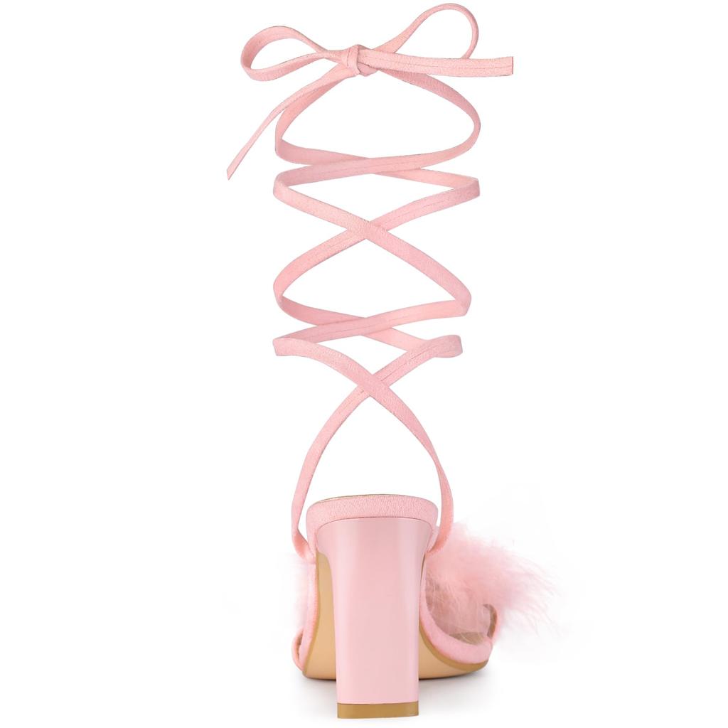 Allegra K Women's Faux Fur Slingback Block Heel Lace-Up Sandals, Pink, Size 23.0cm