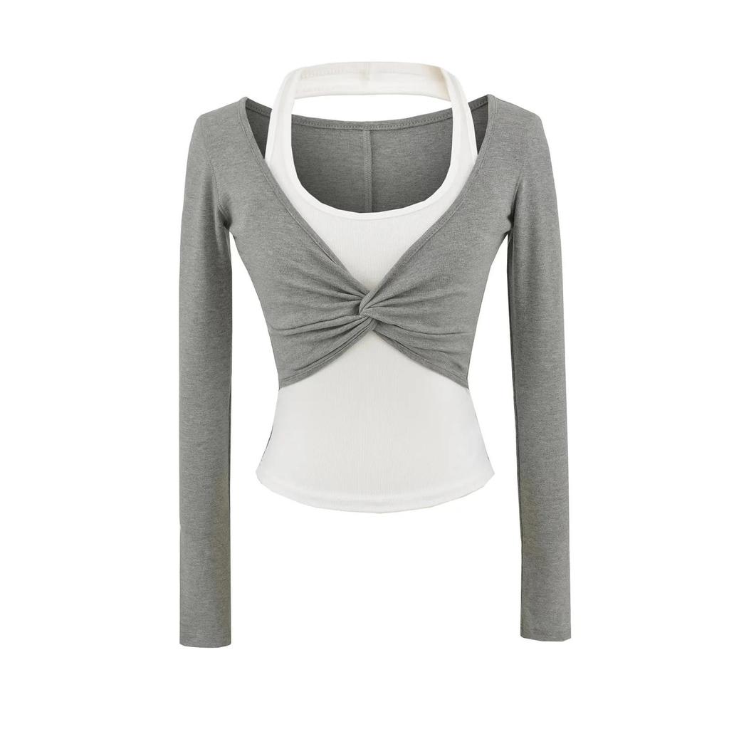 American Spicy Girl Colorblock Twisted Long Sleeve Contrast Halter Shirt - Women's Spring/Autumn Slim Fit 