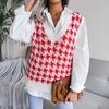 V-neck Checkered Knitted Vest Women Sweater Casual Loose Commute Simple Base Shirt Autumn and Winter