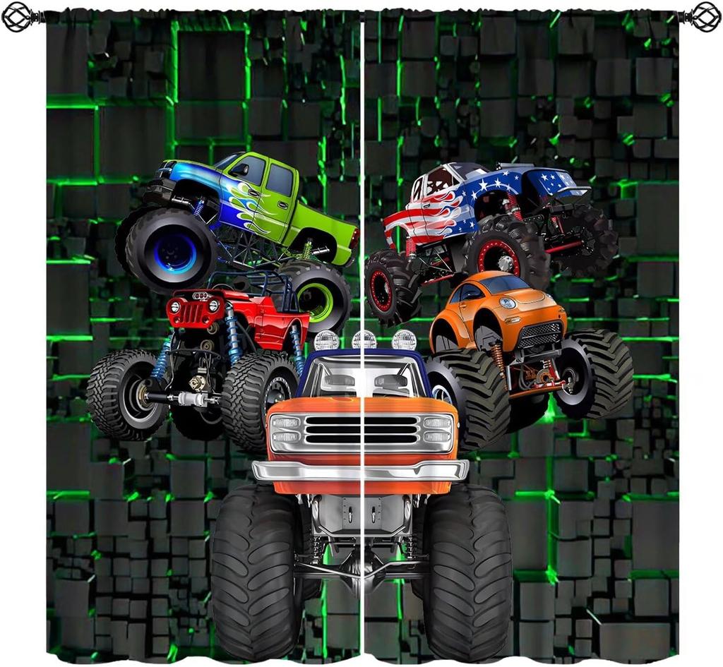 Monster Truck Curtains Boys Cartoon Red Blue Car Game Cool Racing Window Kids Bedroom Living Room Playroom Curtain For Sitting Made Of Polyester