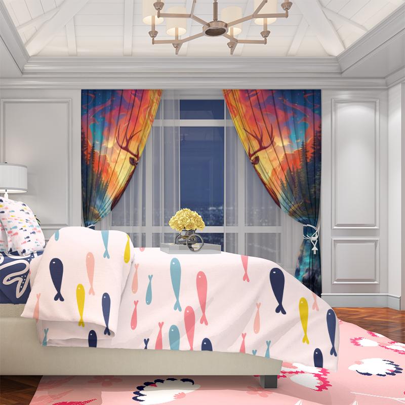Elk At Sunset -2 Pieces - Printed Curtain, 100% Polyester, Suitable for Home Decor (rod Not Included)