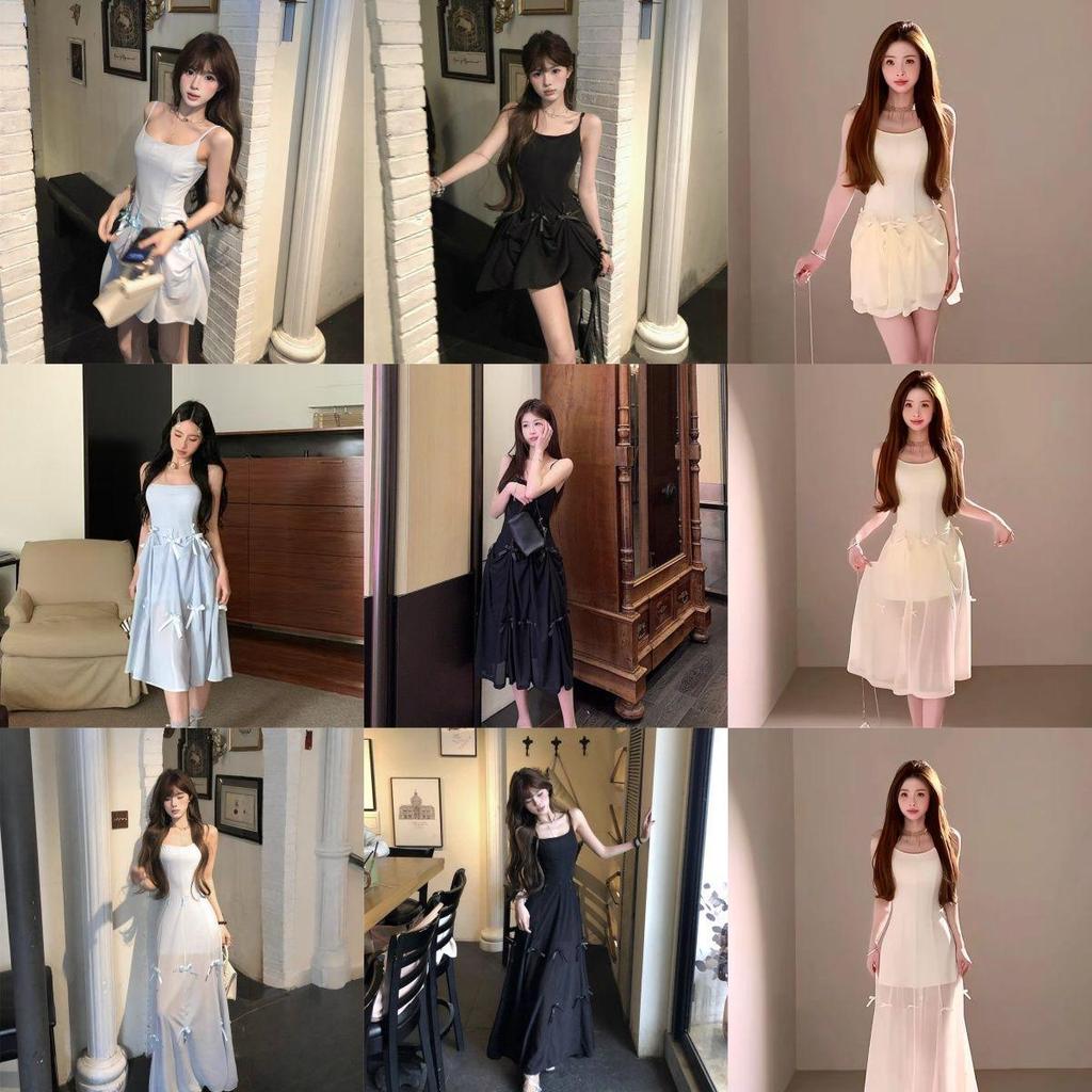 Summer French Bow Strap A-line Dress for Women - Blue Multi-wear Short Skirt