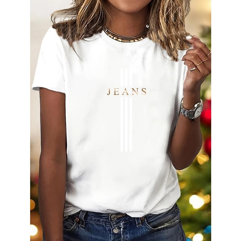 European Size Gradient Art Letter Printed Pattern - Elegant And Fashionable - Women'S Round Neck Pullover T-Shirt, Casual Sports Short