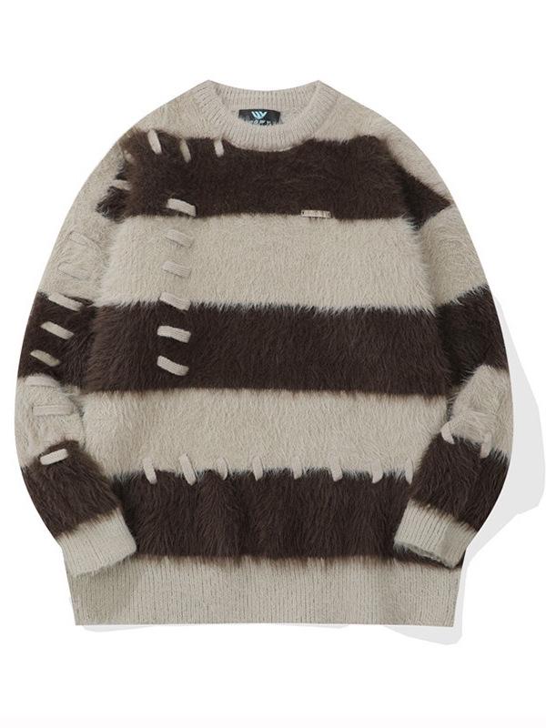 Men's Korean Style Striped Mink Velvet Sweater - Autumn/Winter Fluffy Loose Fit