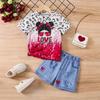 Girls Summer Cartoon Print Suit Without Pockets Fake Denim Shorts T-shirt Top Two-piece Set