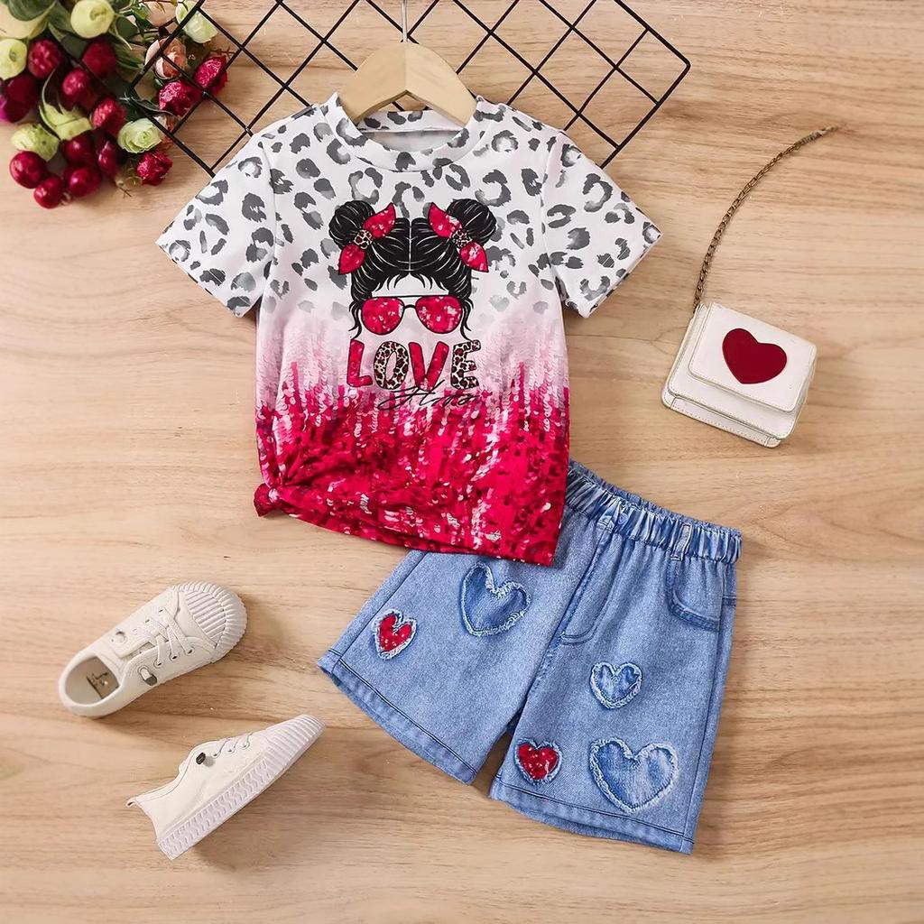 Girls Summer Cartoon Print Suit Without Pockets Fake Denim Shorts T-shirt Top Two-piece Set