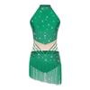 Womens Latin Dance Leotard Sleeveless Mock Neck Patchwork Rhinestones Tassels Adorned Gymnastics Costume