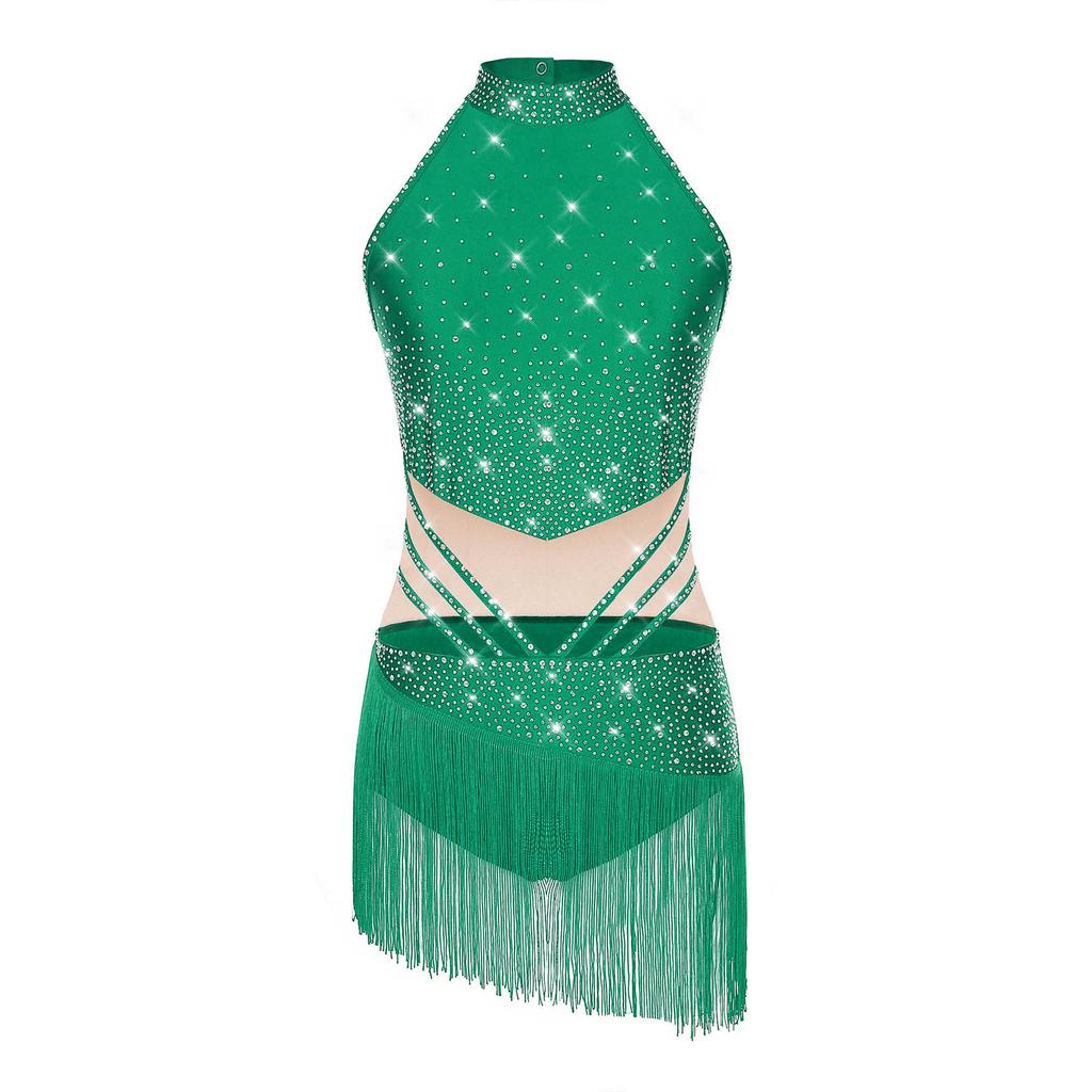 Womens Latin Dance Leotard Sleeveless Mock Neck Patchwork Rhinestones Tassels Adorned Gymnastics Costume