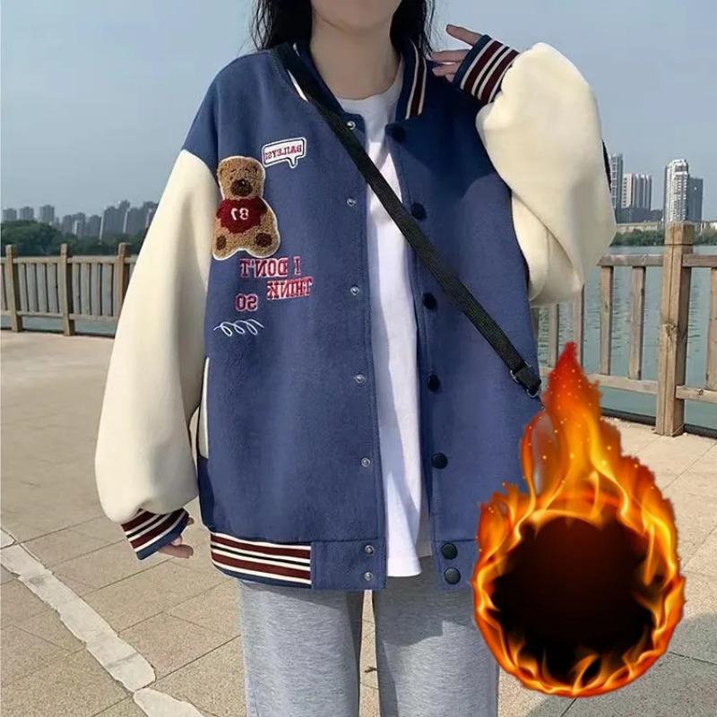 

Нове пальто з принтом плюшевого ведмедика, студентська вільна куртка, дворядне, гаряче тиснення та оксамитова бейсболка для жінок L синій