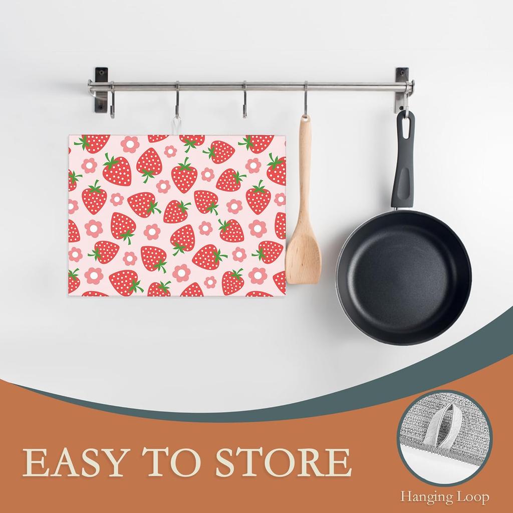 Pink Strawberry Dish Drying Rack Mat for Kitchen Counter,Cute Flowers Dish Drying Pad Absorbent Reversible Microfiber Protector for Coffee Bar Sink