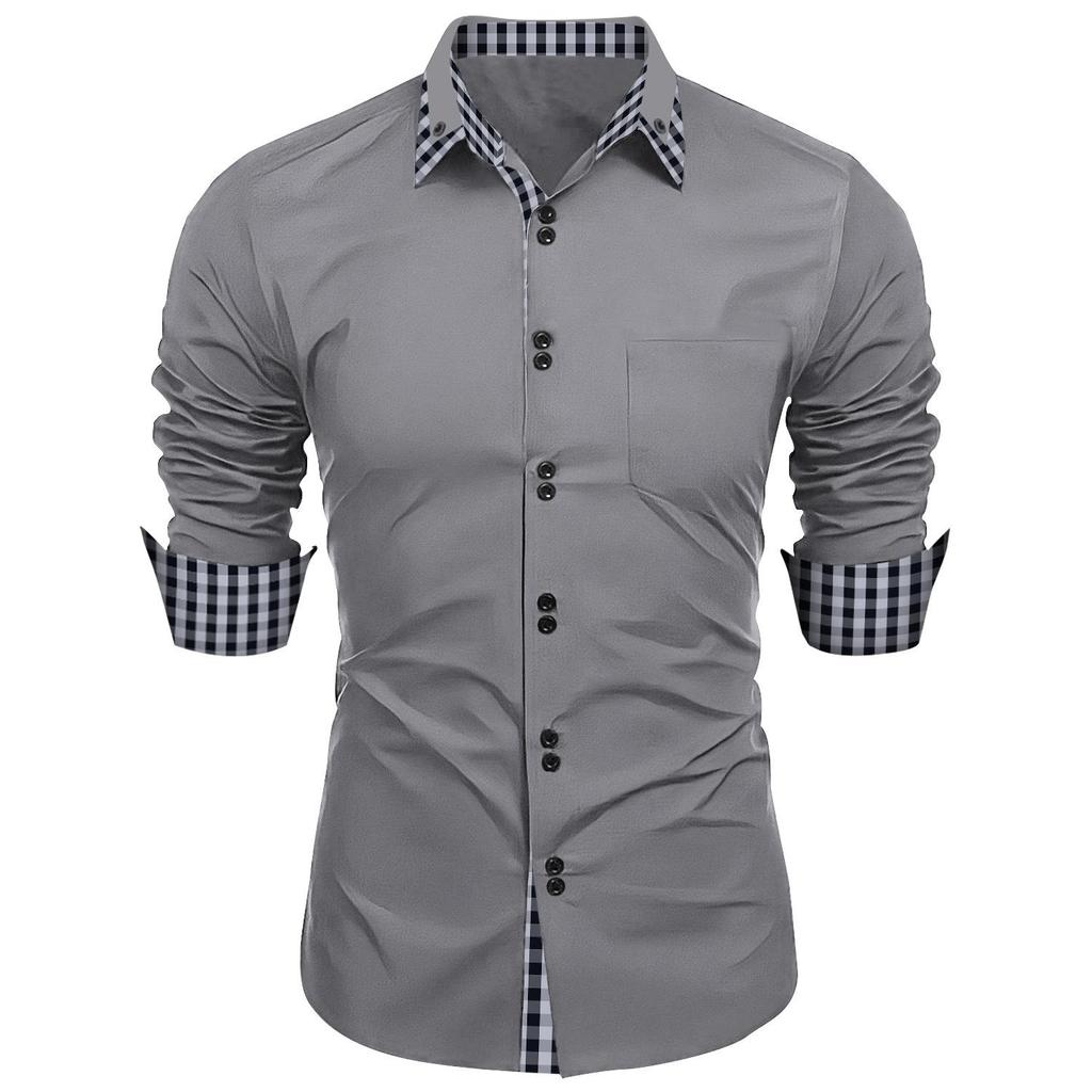 Men's Fashion Plaid  Long Sleeve Shirt Man Lapel Top  Patchwork Business Slim Fit Casual Shirts