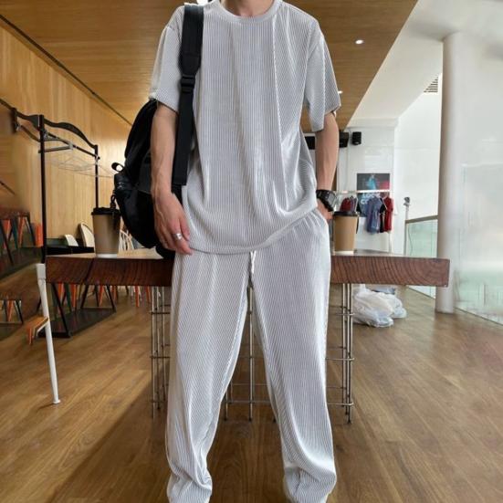 1 Set Top Pants Solid Color Loose Summer Crew Neck Draping Outfit