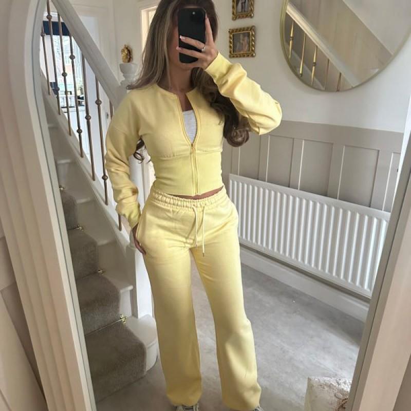 Womens Winter Casual Two-Piece Set Solid Color Zip-Up Top Straight Leg Pants Streetwear Outfit