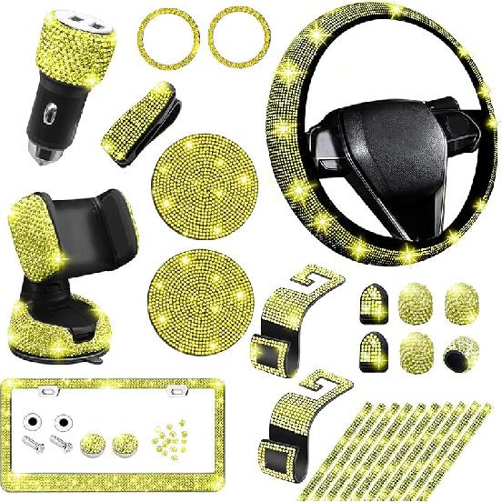 NBTEPEM 27-Piece Bling Car Accessories Set - Universal Fit Steering Wheel Covers, License Plate Frames, Phone Holder, Car Fast Charger, Coasters